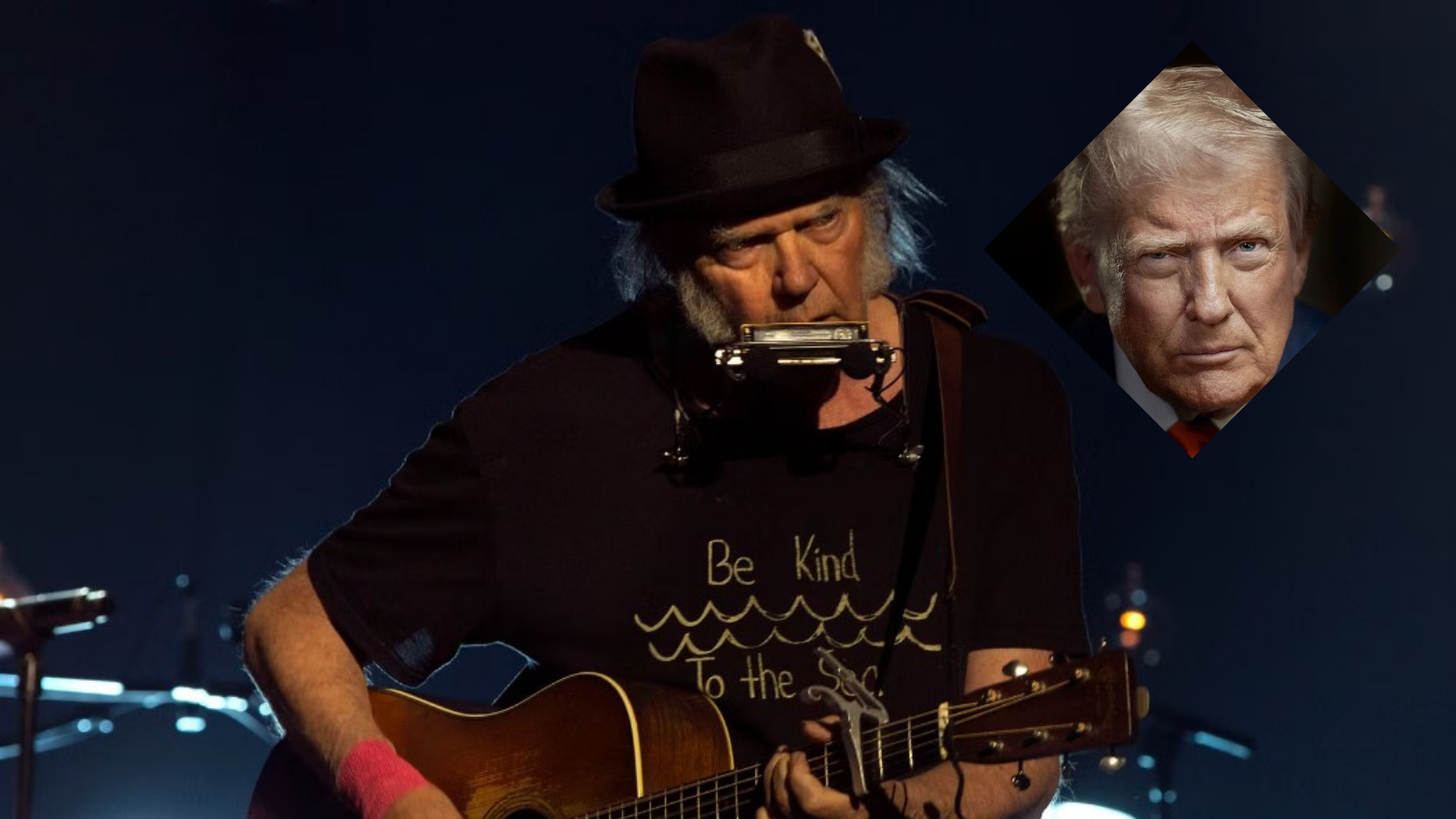 Neil Young på scen ger en arg blick åt Donald Trump